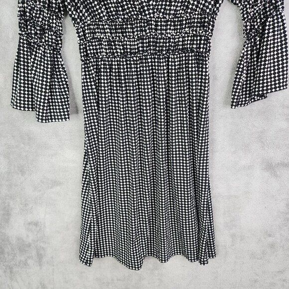 Women's Black & White Polka Dot V Neck Dress Bell Sleeves Smocked Waist Size S - Picture 3 of 8